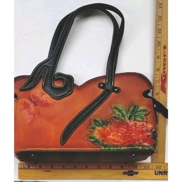 Genuine Leather Embossed Floral Garden Butterfly Artsy Handbag NEW Boho - Picture 9 of 14